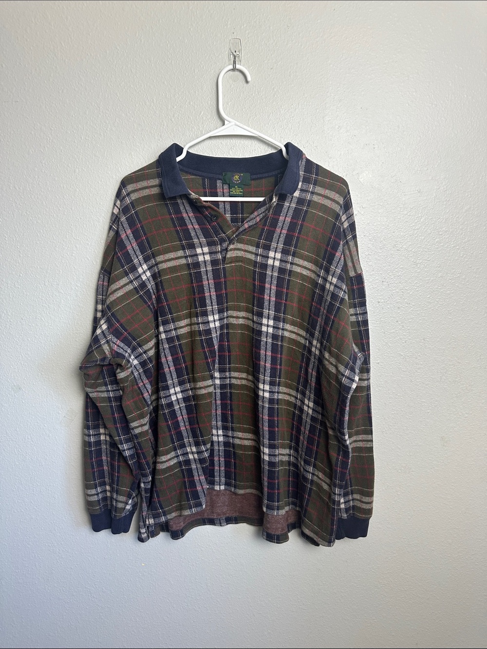 Vintage grunge plaid Long-Sleeve Polo - Olive & Navy